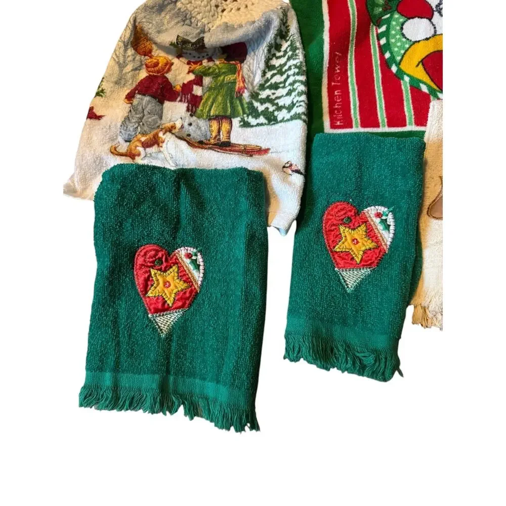 Lot 6 Christmas Kitchen‎ Towels Vintage Franco Santa Snowman Bear Heart Holiday